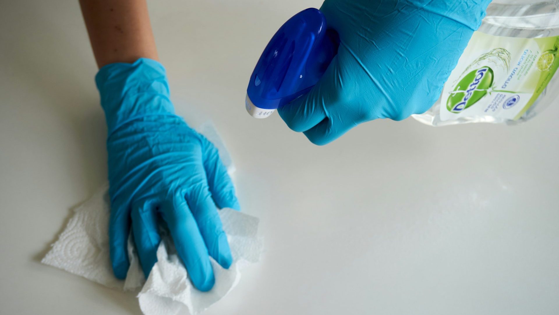 person in blue gloves holding white textile